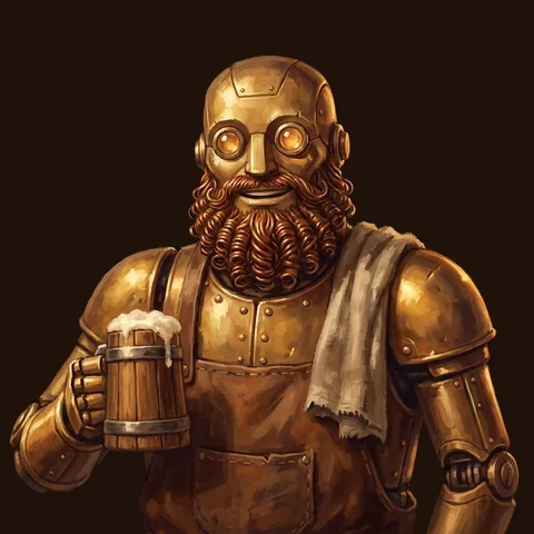 Brassbeard, the brass automaton barkeeper with lamp eyes and a copper⁠-⁠wire beard